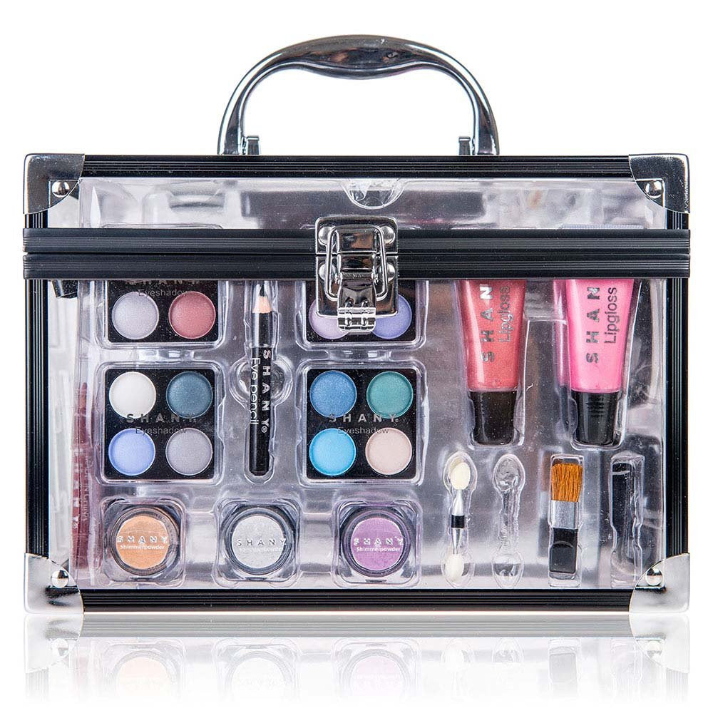 Carry All Trunk Makeup Train Case with Re-Usable Aluminum Beauty Storage Organizer Case. Make up Set with Eye Palettes, Blushes,Face Powders, Manicure, Pedicure and Cosmetics Brushes. GIFT SET