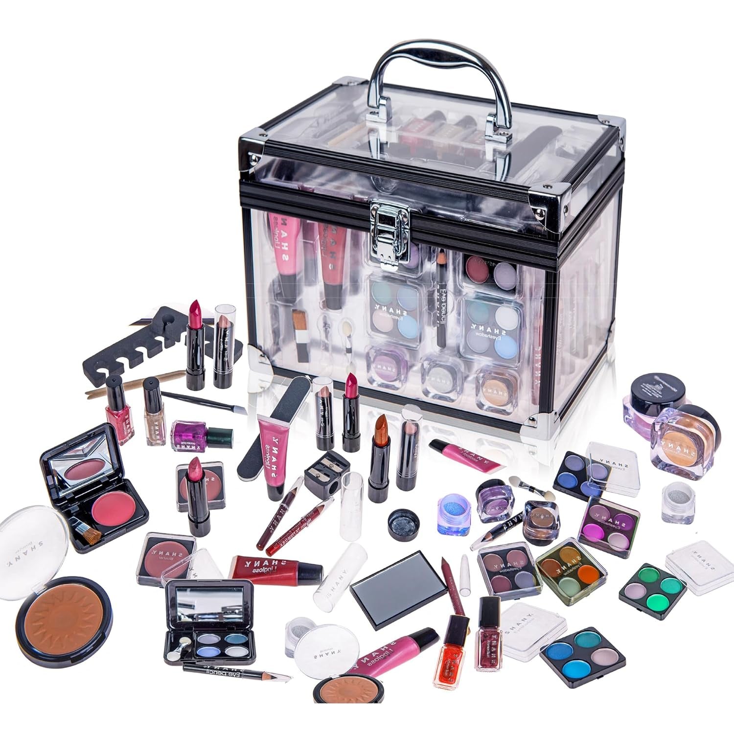 Carry All Trunk Makeup Train Case with Re-Usable Aluminum Beauty Storage Organizer Case. Make up Set with Eye Palettes, Blushes,Face Powders, Manicure, Pedicure and Cosmetics Brushes. GIFT SET