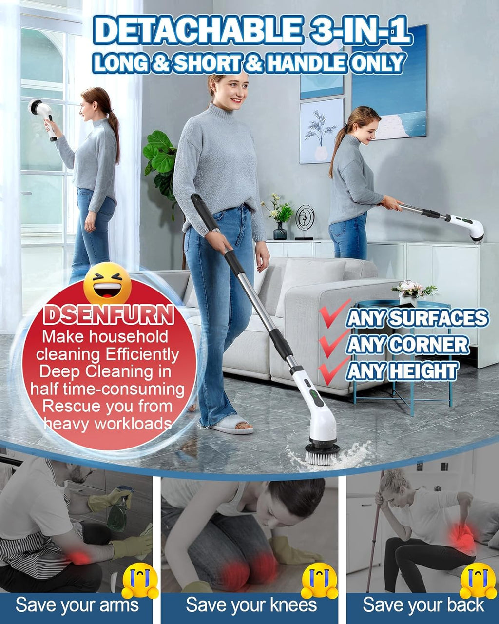 Electric Spin Scrubber, IPX7 Cordless Cleaning Brush with 8 Replaceable Brush Heads, Dual Speed, USB-C Charging, Power Shower Scrubber with Retractable Handle for Bathtub Tile