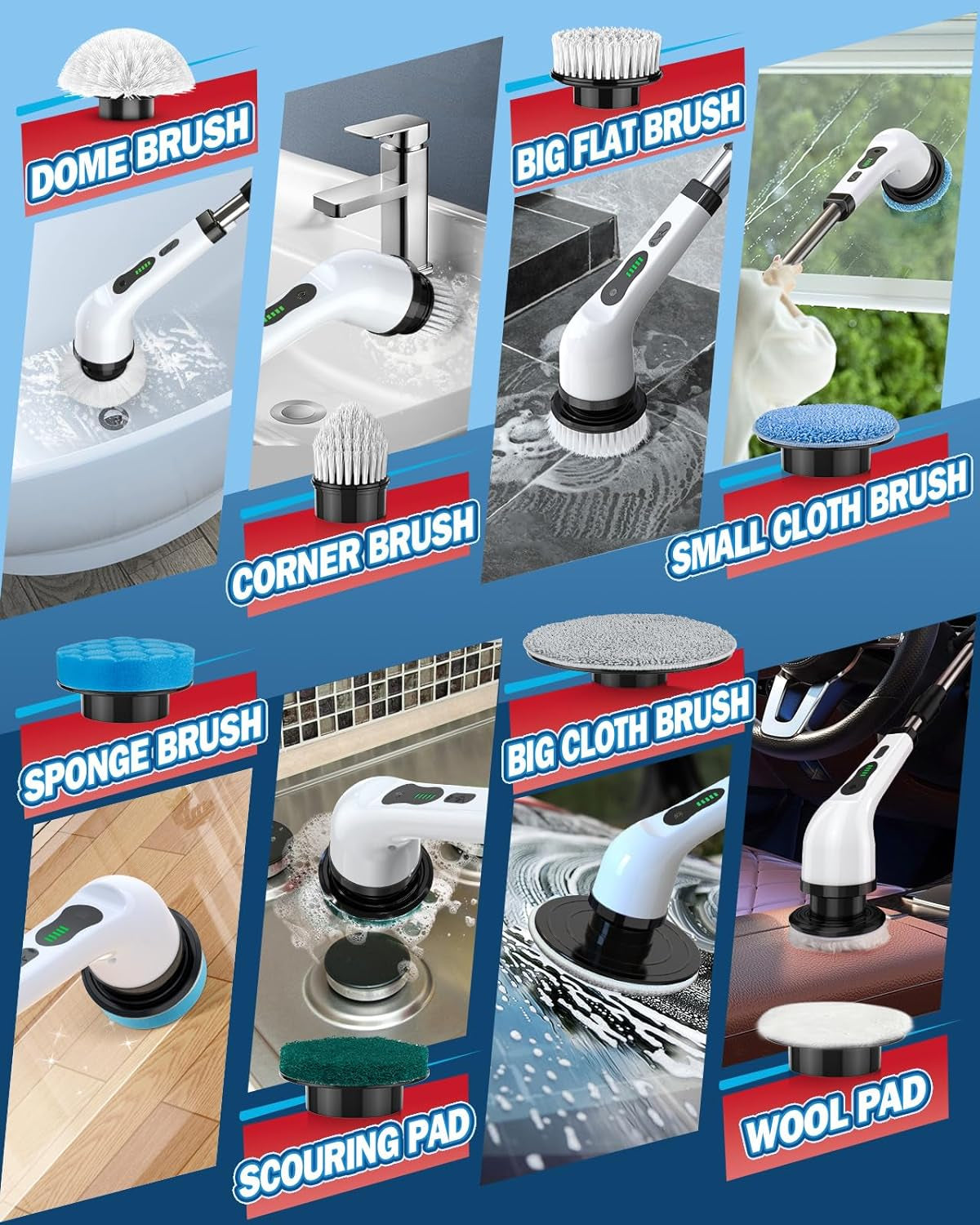 Electric Spin Scrubber, IPX7 Cordless Cleaning Brush with 8 Replaceable Brush Heads, Dual Speed, USB-C Charging, Power Shower Scrubber with Retractable Handle for Bathtub Tile